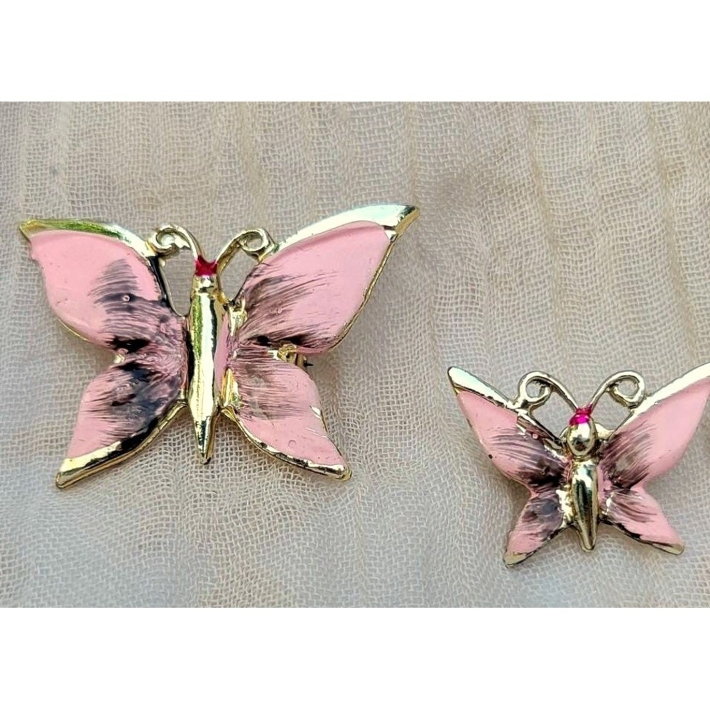 Vintage Pink Butterfly Brooch Set Gold Tone MCM‎ Insect Scatter Pin Duo